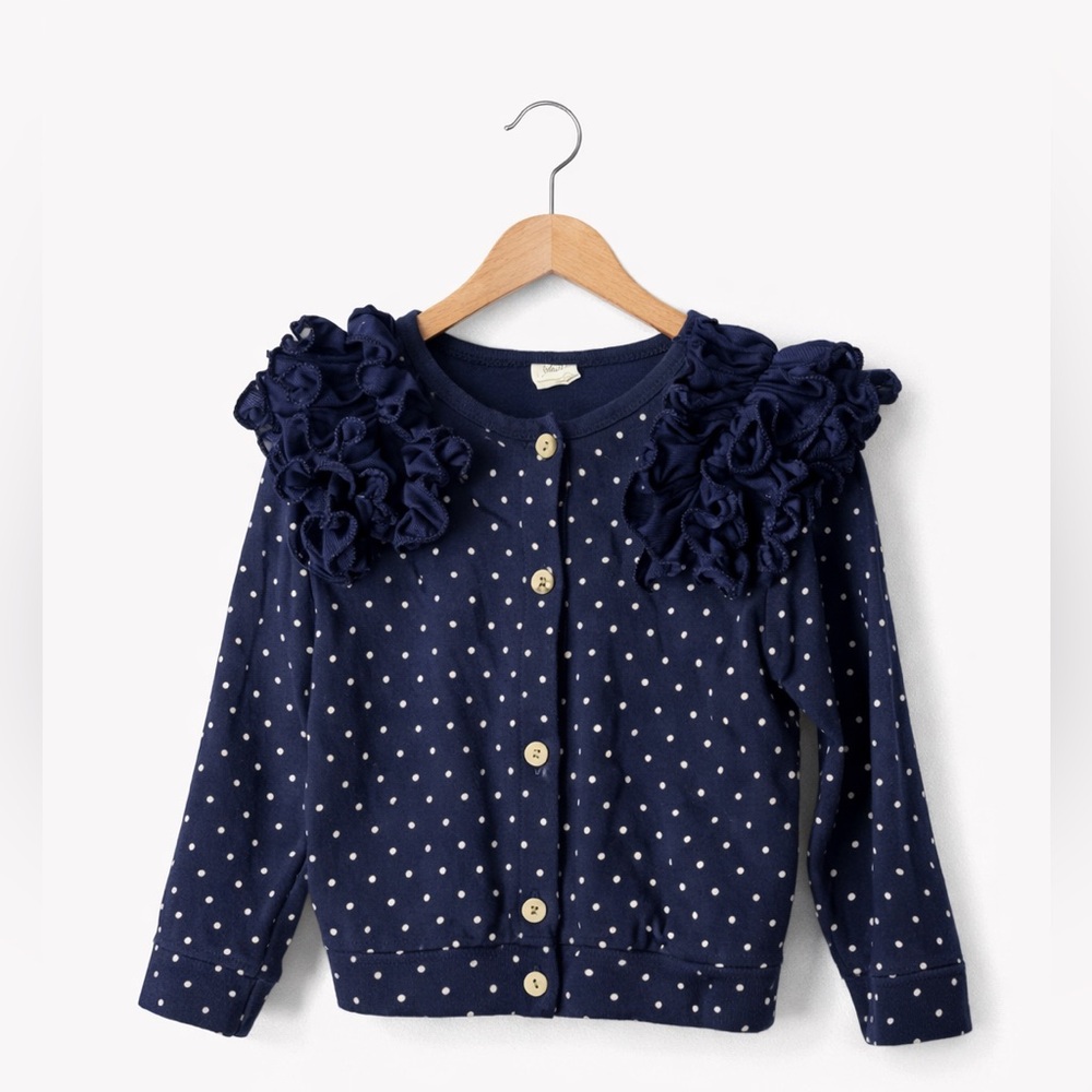 Girls Boutique Navy Polka Dot Cardigan Size 4/5 Ruffle Shoulder Button Front